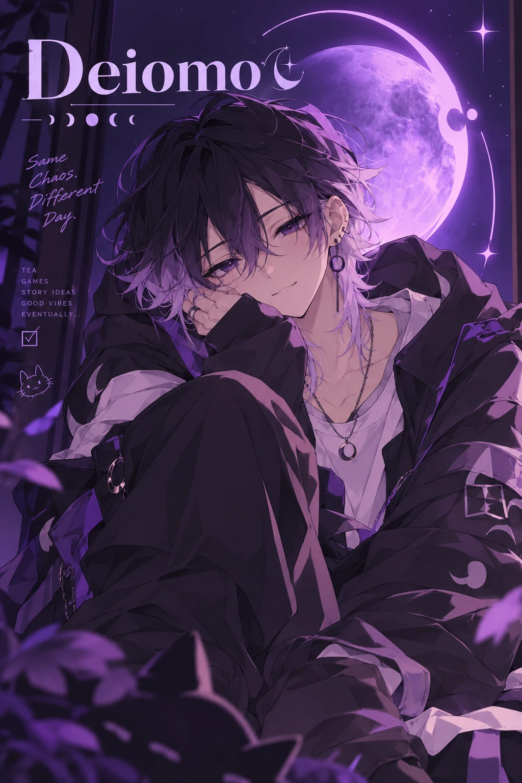 Deiomo: messy dark hair with lavender tips, earrings and an oversized dark jacket, resting his cheek on his hand beneath a glowing purple moon.