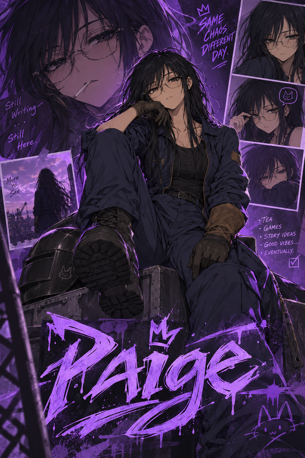 Paige, deiomo’s original character: long dark hair, glasses, and dark clothing, surrounded by violet-lit character sketches.